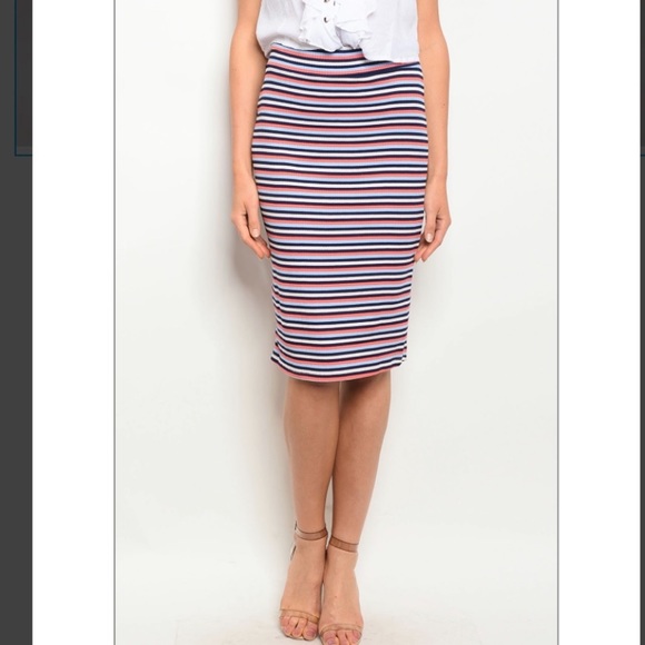💫Striped Pencil Skirt Navy-Melon-SkyBlue & White - Picture 2 of 3
